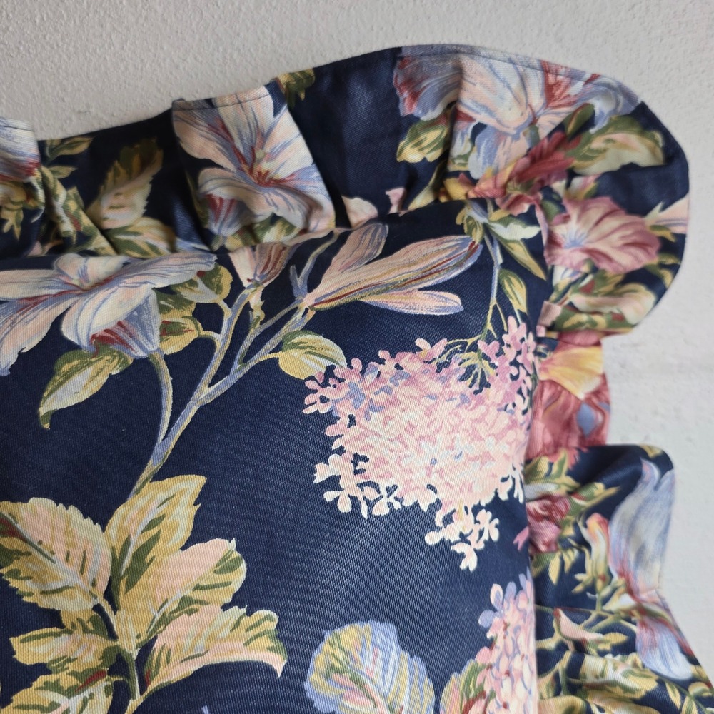 Vintage Floral Ruffled Throw Pillow Navy Blue Pink Botanical Cottagecore - Picture 4 of 9